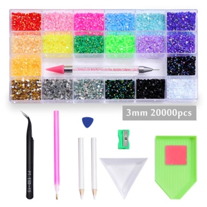 Detailed set of 20000pcs 3mm rhinestones with tool kit in a 21-grid organizer box