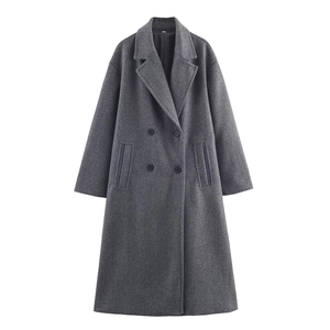 Women's casual dark grey wool double-breasted long coat with lapel and side pockets