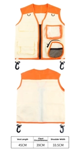 Detailed size chart for kids adventure vest with measurements for length, chest and shoulders