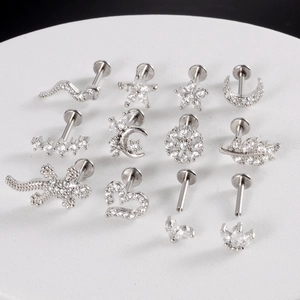 Silver stainless steel flat back earrings set with internal threading and zircon shapes