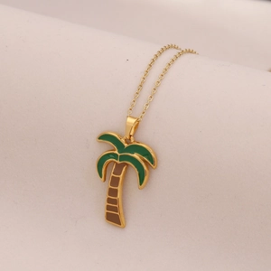 Gold stainless steel necklace with green and brown enamel coconut tree pendant