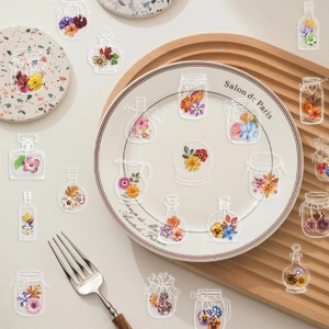 Waterproof clear PET floral stickers featuring various multi-colored bottle designs