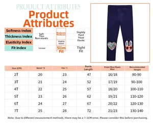 Size chart and measurement guide for girls' leggings featuring cute heart and bunny patches