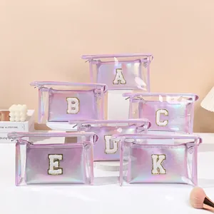 Holographic makeup bag set with transparent PVC outer layer and letter patches