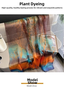 Close-up of gradient silk scarf featuring forest tree prints on lightweight soft fabric