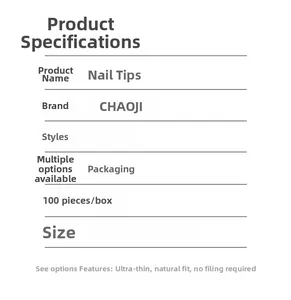 Specifications chart for ultra-thin almond nail tips showing 100 pieces per box detail