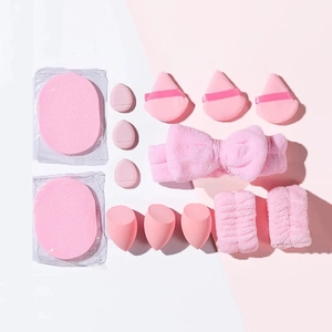 Detailed set of 15 pink flannel headbands, wristbands, and assorted makeup sponges