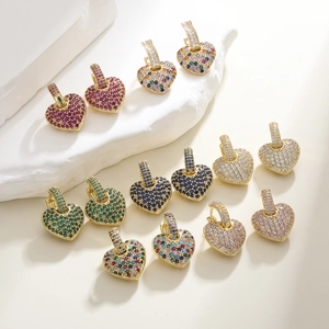 Vintage Heart Drop Earrings Gold Plated Copper Micro Pave Zirconia Colorful Huggie Earrings For Party Women Jewelry