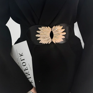 Elegant gold sunburst buckle elastic wide waist belt for women's blazer and dress