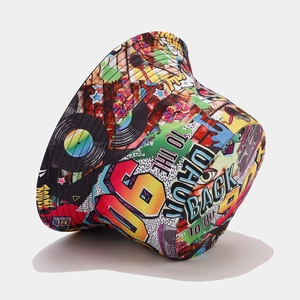 Retro 80s graffiti bucket hat with colorful pop art prints and reversible sun protection