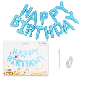 16-inch light blue Happy Birthday letter foil balloon set with ribbon and straw