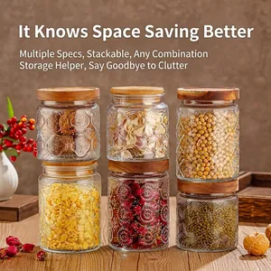 Stackable embossed glass storage jars with bamboo lids for kitchen food organization