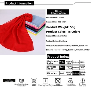 Detail view of 150x50cm lightweight chiffon scarf specs with material and care info