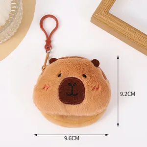 Brown plush capybara coin purse with hook and zipper, 9.6cm compact storage keychain
