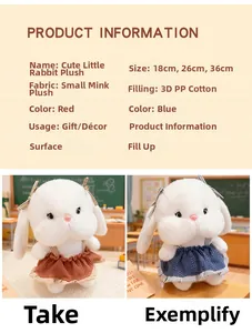 Detail view of cute rabbit plush toy with dress showing soft mink fleece and 3D PP cotton filling