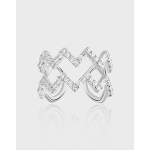 S925 Sterling Silver Wave Hollow Open Ring For Women Elegant Rhinestone Inlaid Adjustable Finger Ring Korean Style Jewelry