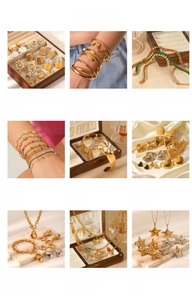 Macro shot collection of 18K gold plated stainless steel jewelry set for women