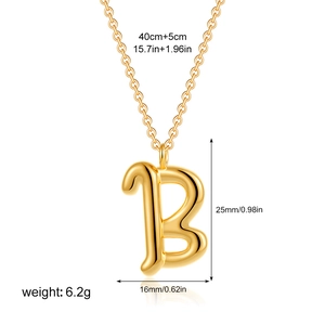 Detailed view of 18K gold letter B pendant with measurements 25x16mm and chain length