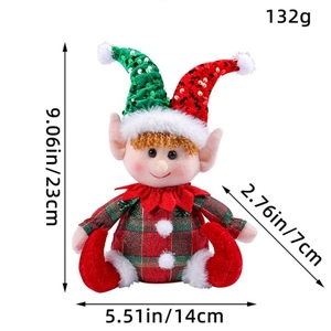 Cute sitting Christmas elf plush doll with sequin hat and dimensions measurements