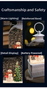 Macro details of retro Christmas lantern showing water glitter effect and dual power modes
