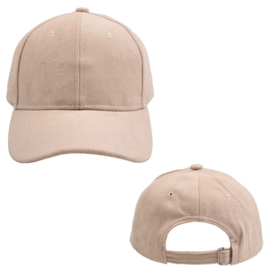 Detail of adjustable metal buckle and suede texture on beige baseball cap back