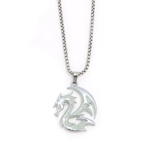 Luminous dragon pendant necklace in vintage silver finish with glow-in-the-dark dragon charm