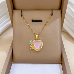 Titanium steel heart necklace with pink stone, zircons and enamel butterflies in a box