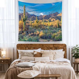 Bohemian Sonoran Desert landscape tapestry hanging as a wall decoration in a bedroom