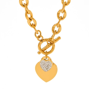 Gold OT buckle necklace with heart pendant and pavé rhinestones on thick chain