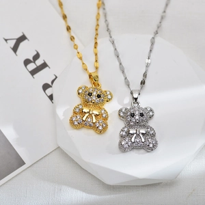 Korean Style Copper Bear Pendant Necklace With Rhinestone Fashion Animal Clavicle Chain For Women Jewelry Daily Wear Gift
