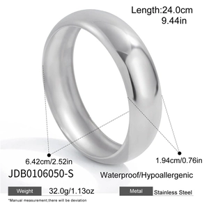 Technical size chart for wide silver stainless steel bangle showing precise dimensions
