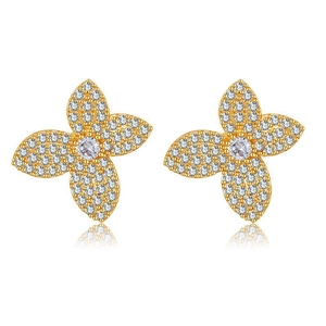 Luxurious 18K gold four-leaf flower stud earrings with shimmering white zircon stones