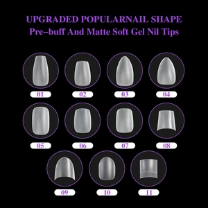 Macro view of 11 matte soft gel nail shapes with pre-buff finish on dark background