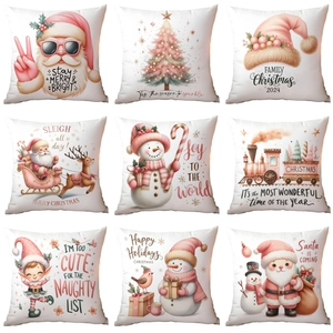 Pink Christmas Pillowcase Short Plush Decorative Cushion Cover Santa Snowman Gnomes Prints For Home Sofa Couch Festive