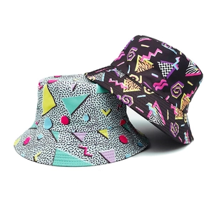 Vintage Geometric Print Bucket Hat Memphis Style Sun Protection Breathable Polyester Summer Outdoor Fisherman Hat For Women