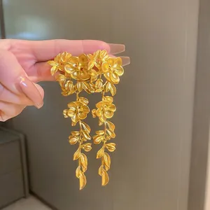 Matte Gold Flower Leaf Long Tassel Statement Earrings With 925 Sterling Silver Earring Post Vintage Jewelry For Women