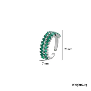 Detailed view of adjustable silver ring with double row green zircon and size dimensions