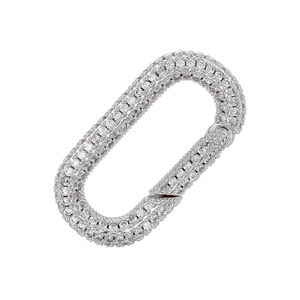 Silver oval jewelry clasp with sparkling zircon pavé setting on a clean white background