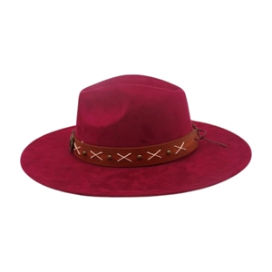 Close-up of a burgundy wide-brimmed felt fedora with a studded leather band detail