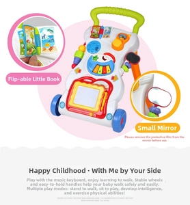 Detail of baby walker showing magnetic drawing board, music piano and sensory toys