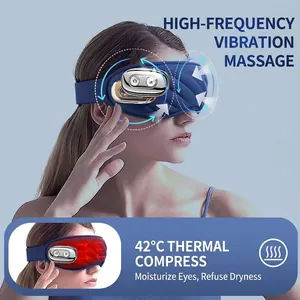Smart eye massager with 42°C heating and vibration shown on model in studio