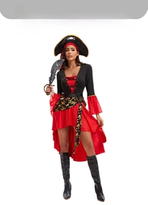Detail of red and black pirate costume with lace-up corset and asymmetrical skirt