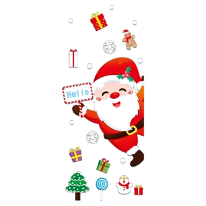 Christmas window decals with Santa Claus, snowmen, and festive holiday trees on white background