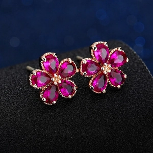Floral Flower Stud Earrings Copper Synthetic Ruby Zirconia Inlaid With 925 Sterling Silver Post For Women Fashion Jewelry Gift