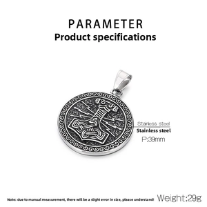Detail of 39mm stainless steel Viking Mjolnir pendant with runic engravings and dimensions