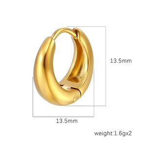 Polished 18K gold-plated stainless steel hoop earrings with 13.5mm diameter measurements
