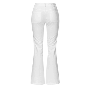 Vue arrière du pantalon évasé blanc à taille haute avec poches arrière symétriques et coupe