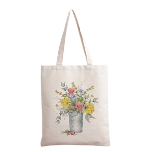 Minimalist cream canvas tote bag featuring a floral print illustration on a white background