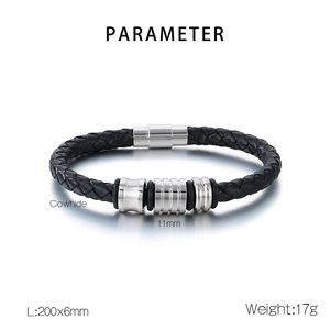 Detailed specs for cowhide leather bracelet with 11mm beads and magnetic steel clasp