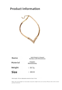 Detail showing the vintage V-shape gold-plated necklace with measurements and weight details